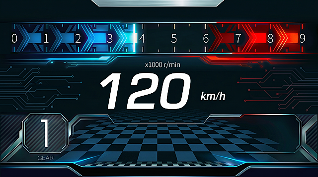 去掉下方的Timer文字和00:09.87数字，让车速120数字和底部的道路格纹背景自然融合，提升画面整体清晰度，保留其余仪表盘内容