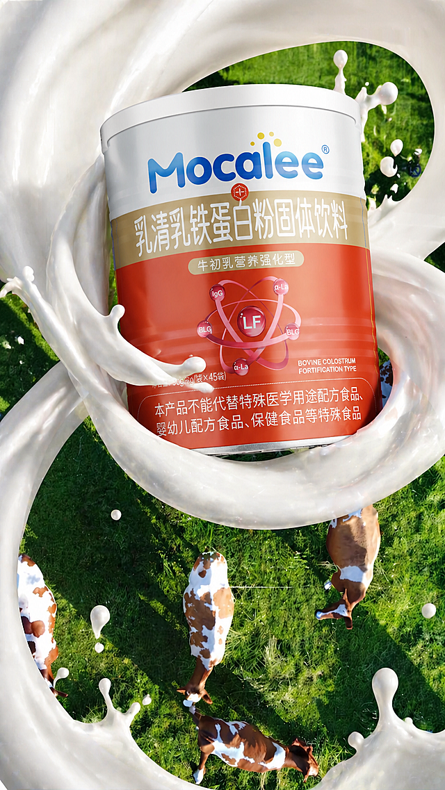 消除画面里原有的牛奶流体和白色空白背景，保留绿色草地和奶牛作为背景，把第二张图的红白金铁罐放到画面中上位置，让铁罐被液体牛奶围绕，添加少量牛奶水珠作为装饰，保持整体风格自然融合