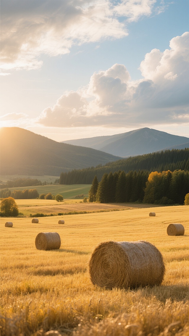 超写实摄影风格，金黄色的麦田在夕阳下泛着温暖光泽，近景是几个大小不一、纹理清晰的圆形干草捆错落分布，远处是层叠的墨绿色森林和起伏的青灰色山脉，天空中飘着大片白色云朵，阳光透过云层在田野上投下斑驳光影，营造出宁静而丰收的田园氛围，整体色调以金黄、墨绿、蔚蓝为主，光影对比柔和，景深效果明显，展现出开阔而富有层次感的乡村秋日景象。