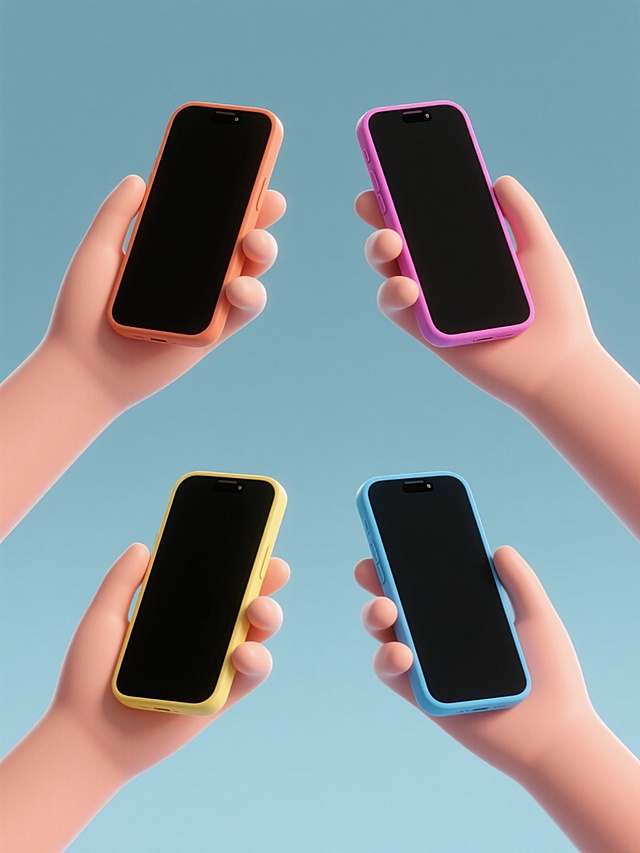3D立体风格，简约现代设计，四个规整排布的素材，每个素材均为一只手拿着不同设计样式的智能手机，手机造型简洁，色彩搭配鲜明，整体采用纯色背景，无任何文字、logo和水印，光影柔和，具有平滑的3D质感和清晰的边缘轮廓，物体立体感强，构图平衡对称。