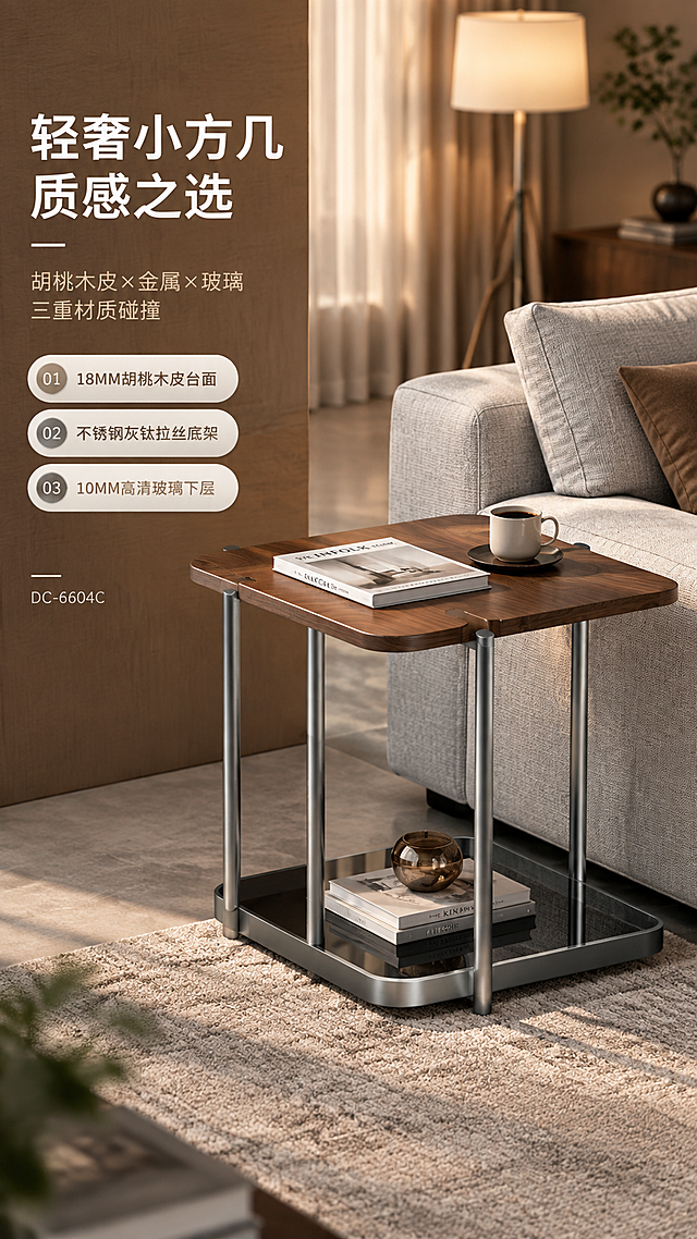 [商品] 使用【图1】DC-6604C小方几；保留方形台面、四根不锈钢灰钛拉丝圆柱支脚、下层方形玻璃置物架的完整结构与比例；保留胡桃木皮棕色台面颜色与质感、灰钛金属拉丝底架、深色玻璃下层；不改变产品结构、颜色和材质。
[画面] 目标：轻奢家居头图，建立高级感第一印象。左文右景构图，左侧约1/3竖列文案区，右侧现代轻奢客厅大场景，小方几放置在浅灰色布艺沙发旁作为边几，产品占画面约55%，角度为微俯视3/4视角；前景有地毯纹理，中景是沙发+小方几（上面摆放一本杂志和一杯咖啡），后景虚化的落地窗帘与暖光落地灯，营造慵懒午后居家氛围，3层以上软装层次。
[视觉] 套系策略：风格=现代轻奢意式极简商业摄影；标题字=现代无衬线粗体（思源黑体Heavy）；正文字=简洁无衬线体（思源黑体Regular）；主色=胡桃木暖咖棕；背景延展=基于暖咖棕做深浅层级、同色渐变和细腻木纹/哑光质感；强调色=灰钛金属银灰，仅用于小面积图标、引线和标签；标题色=深炭灰；正文色=中暖灰；组件=圆角浅底信息卡、细线引线、数字序号标签；光影=左前侧暖柔光，柔和阴影，金属有高光反射。
[文字] 左侧竖列文案区：主标题「轻奢小方几 质感之选」（8字），副标题「胡桃木皮×金属×玻璃 三重材质碰撞」（14字），下方3条亮点条带序号icon：「01 18MM胡桃木皮台面」「02 不锈钢灰钛拉丝底架」「03 10MM高清玻璃下层」，底部小字标注型号「DC-6604C」；文字不遮挡产品主体。
[规格] 图片比例9:16竖版，分辨率4K，quality=medium；避免变形、错字、文字过小、冷蓝/蓝灰背景、产品颜色改变、结构失真、极限词。