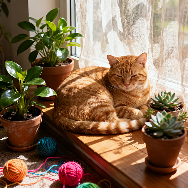 一只可爱的橘猫，躺在洒满阳光的木质窗台上，周围放着绿植和毛线球，温暖治愈，高清质感，自然光影，温馨氛围