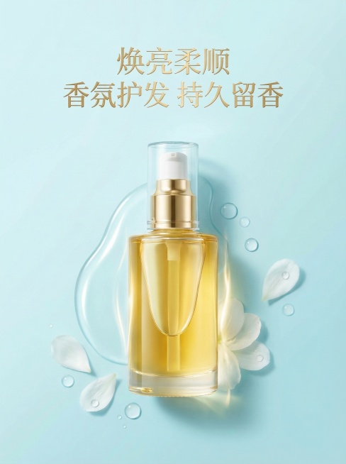 淘宝天猫护发精油主图，商品是护发精油，核心卖点为柔顺持久留香修护，整体风格简约高级，更换配色为清新浅蓝色干净背景，修改文案为"焕亮柔顺 香氛护发 持久留香"，突出产品高级质感预览效果