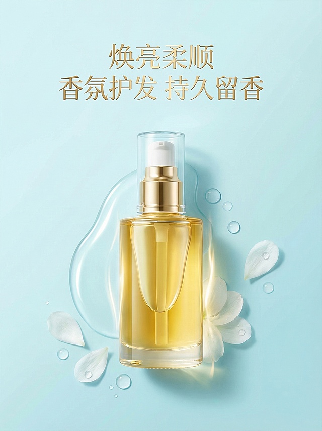 淘宝天猫护发精油主图，商品是护发精油，核心卖点为柔顺持久留香修护，整体风格简约高级，更换配色为清新浅蓝色干净背景，修改文案为"焕亮柔顺 香氛护发 持久留香"，突出产品高级质感