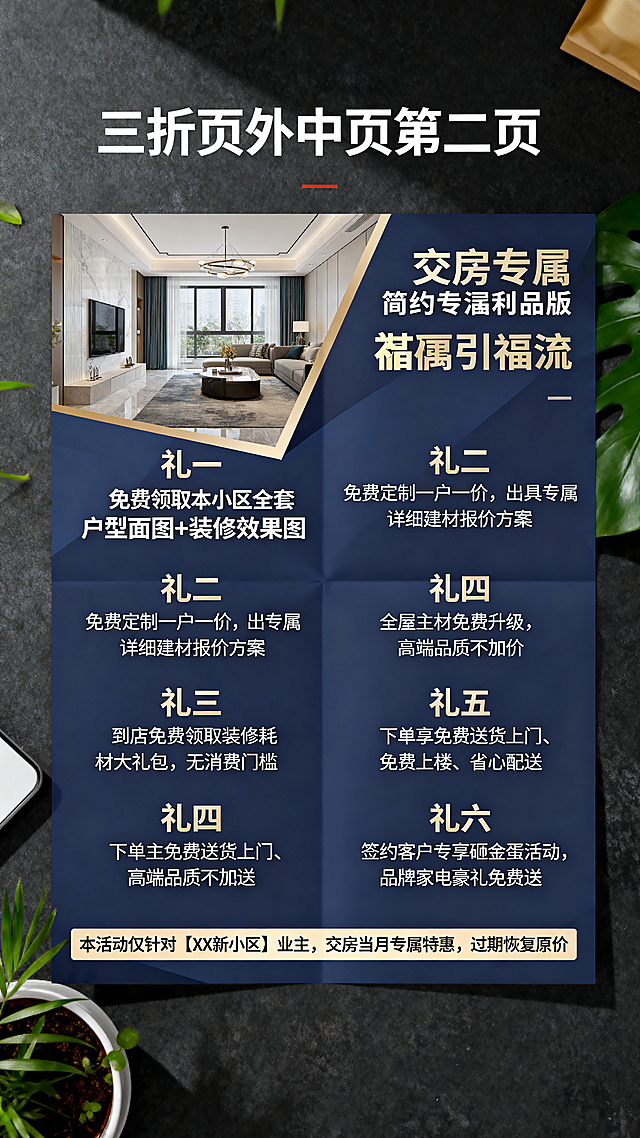 三折页外中页（第二面）设计，交房专属福利引流："礼一：免费领取本小区全套户型平面图+装修效果图"，"礼二：免费定制一户一价，出具专属详细建材报价方案"，"礼三：到店免费领取装修耗材大礼包，无消费门槛"，"礼四：全屋主材免费升级，高端品质不加价"，"礼五：下单享免费送货上门、免费上楼、省心配送"，"礼六：签约客户专享砸金蛋活动，品牌家电豪礼免费送"，底部标语"本活动仅针对【XX新小区】业主，交房当月专属特惠，过期恢复原价"，清晰排版，简约商务风格。竖版排版。