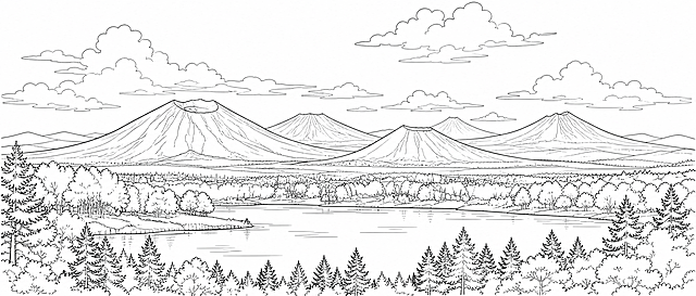 将参考图中间的五大连池火山湖泊风景画成简洁干净的黑白线稿，保留火山群轮廓、湖泊、树林和天空云层的结构线条，去除所有文字、logo、红色边框和装饰元素，线条清晰流畅，适合印刷使用，白色背景，纯线条风格