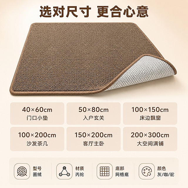 [主图-5] 尺寸规格-六档尺寸选购指南+网格底结构展示。
[氛围风格] 清晰简洁信息卡风格，易读性强，温馨米色调，品质感十足；
[画质] 商业摄影质感、光线柔和通透、产品清晰真实、画面干净高级。
[元素] 画面采用上下布局：上方约45%为地垫翻折展示图，咖色圈绒面朝上，一角翻折露出白色网格底，地垫位于画面中央偏上，占比适中；下方约55%为尺寸规格表和材质参数；地垫圈绒材质、网格底结构、咖色颜色、包边与输入产品图完全一致，杜绝任何变形和色差，精细化处理；背景为纯净米杏色渐变，干净明亮。画面满屏无边框。
[光影] 顶部均匀柔光，地垫清晰明亮，翻折处自然阴影突出立体感；整体干净整洁，光影柔和。
[配色] 主色咖色地垫+白色网格底；辅色米杏色背景、深灰文字、浅棕标题色。
[视角构图] 上下构图，上产品下参数；地垫45°斜俯视翻折展示，阅读动线从上产品 → 中部尺寸表 → 底部材质参数。
[文字版式] 顶部产品图上方居中大标题「选对尺寸 更合心意」，深咖色粗体无衬线。中部六档尺寸表，两行三列圆角卡片，浅咖底深咖字：第一行「40×60cm 门口小垫」「50×80cm 入户玄关」「100×150cm 床边飘窗」；第二行「100×200cm 沙发茶几」「150×200cm 客厅主卧」「200×300cm 大空间满铺」。底部材质参数区，四个圆角图标加文字横向排列：「型号 圈绒」「材质 丙纶」「底部 网格底」「颜色 灰/咖/驼」。
[输出要求] 1:1 比例，文字清晰锐利，画面超高清商业摄影质感。
[负向提示词] 变形，文字错乱，文字过小，颜色偏差，产品图模糊，背景杂乱，水印，电商平台Logo。