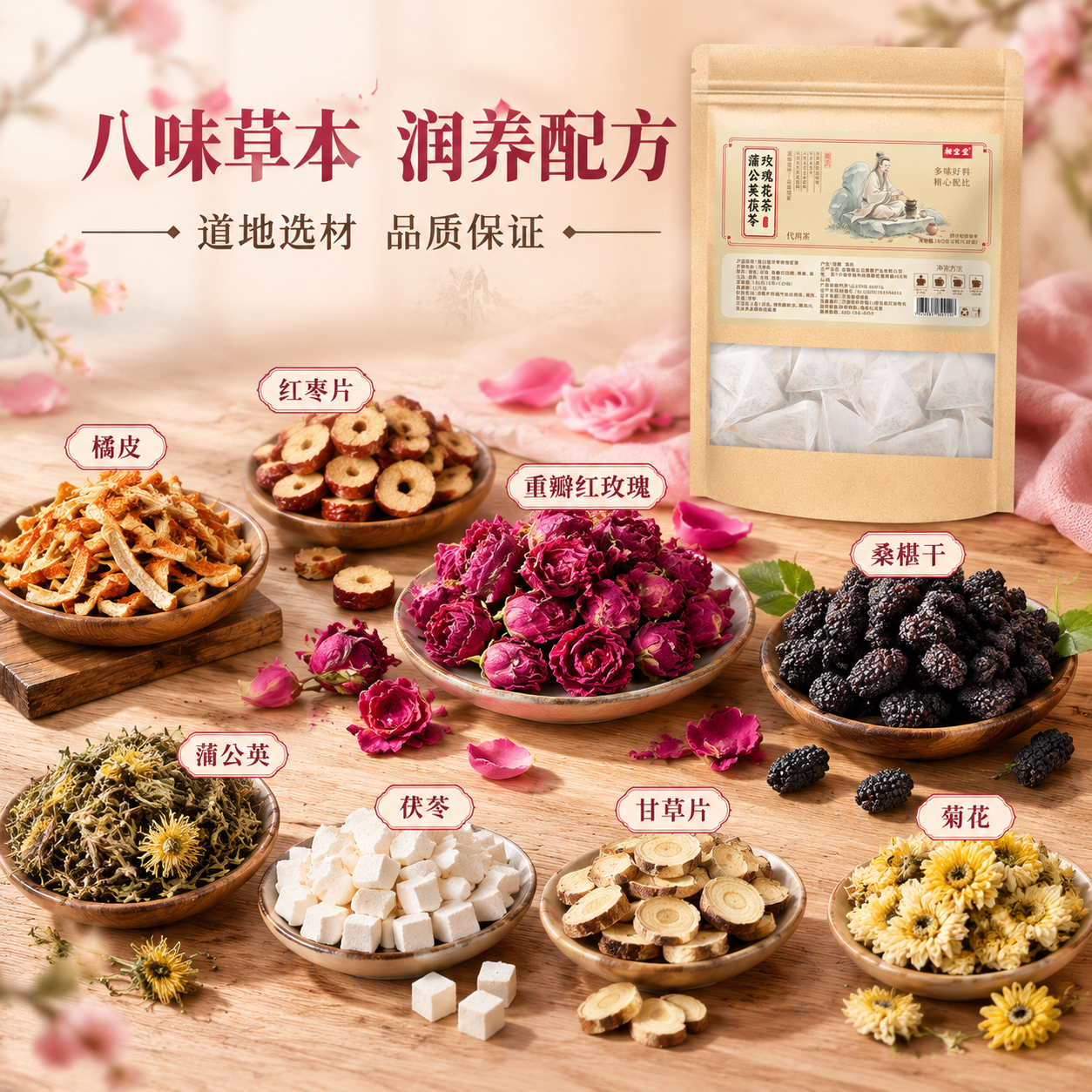 [主图-2] 核心亮点与原料溯源，主题为展示玫瑰桑椹等草本原料… - 图片创意预览