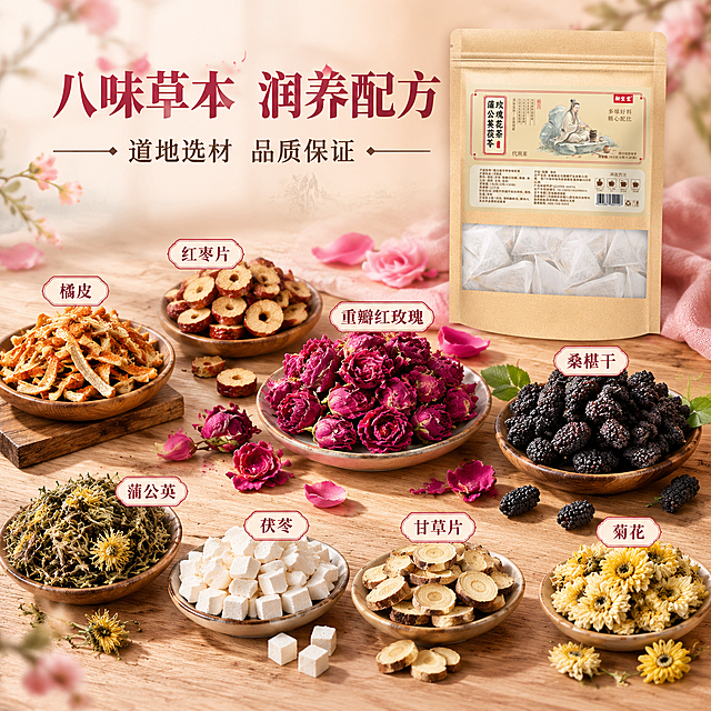[主图-2] 核心亮点与原料溯源，主题为展示玫瑰桑椹等草本原料与配方优势，建立养颜润养的品质信任感。
[统一基调] 国风养颜风格，背景主色为暖杏色+浅玫瑰粉，标题字色为深豆沙红，辅助字色为深褐色，强调色为玫瑰红，字体为粗宋+细黑体组合，卡片用浅米色圆角半透明底，整体温润柔美、专业可信。
[画面] 产品包装袋位于画面右上方，占比约40%，外观与原图完全一致；画面中央和左下方以艺术化平铺方式展示八种干草本原料：橘皮、红枣片、重瓣红玫瑰、桑椹干、蒲公英、茯苓块、甘草片、菊花，每种原料旁有小型文字标签标注名称；重瓣红玫瑰和桑椹干摆放在视觉中心位置突出养颜主题；背景为浅木色纹理桌面，上方有柔和自然光照射，原料颗粒纹理清晰可见；点缀几片新鲜玫瑰花瓣增加柔美氛围。
[光影质感] 自然顶光+侧光，草本原料有清晰的纹理和体积感，玫瑰花瓣色泽饱满，桑椹干有自然光泽，产品袋有柔和高光和接触阴影，整体高清实拍质感，色彩真实自然。
[配色] 暖杏色背景+浅木色桌面+草本自然色+深豆沙红标题+玫瑰红标签，色调和谐温润。
[文字版式] 画面上方主标题"八味草本 润养配方"，下方小字"道地选材 品质保证"；各原料旁配小型名称标签，标签为玫瑰红边框米白底；文字不遮挡产品主体和主要原料。
[输出要求] 1:1正方形，2048x2048，文字清晰可读，产品完整清晰不变形，原料真实自然；禁止出现平台Logo、水印、错字、模糊、医疗功效宣称、绝对化用语。