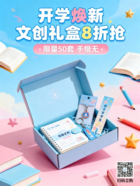 生成1张促销海报，风格青春活力，包含产品实物元素(校园定制文创礼盒（含笔记本、钥匙扣、书签）)、促销文案、购买二维码占位符。促销信息“开学季8折优惠”“限量50套”，目标受众为在校大学生预览效果