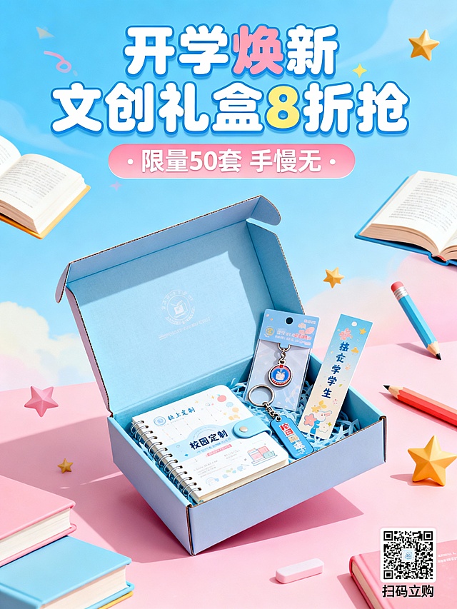 生成1张促销海报，风格青春活力，包含产品实物元素(校园定制文创礼盒（含笔记本、钥匙扣、书签）)、促销文案、购买二维码占位符。促销信息“开学季8折优惠”“限量50套”，目标受众为在校大学生