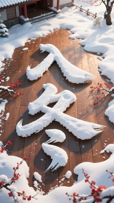 俯视视角，画面主视觉是有厚积雪的木质地板上堆出来的“入冬” 毛笔字（积雪质感真实，表面带自然起伏纹理，露出棕褐色木质纹理地板，边缘有不规则足迹）；点缀红梅装饰预览效果