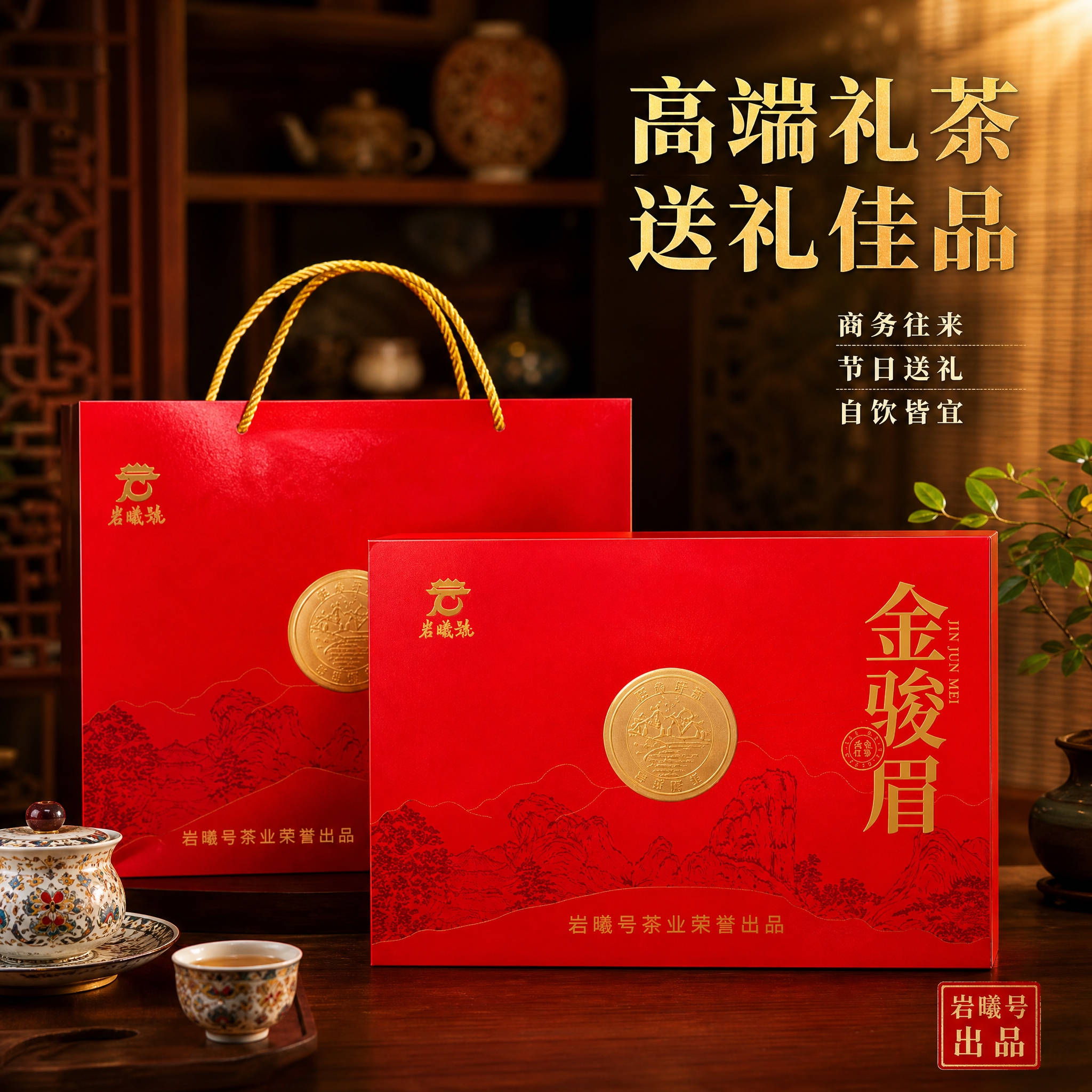 [主图-2] 金骏眉红茶礼盒送礼场景图，突出商务送礼、高端礼茶… - 图片创意预览