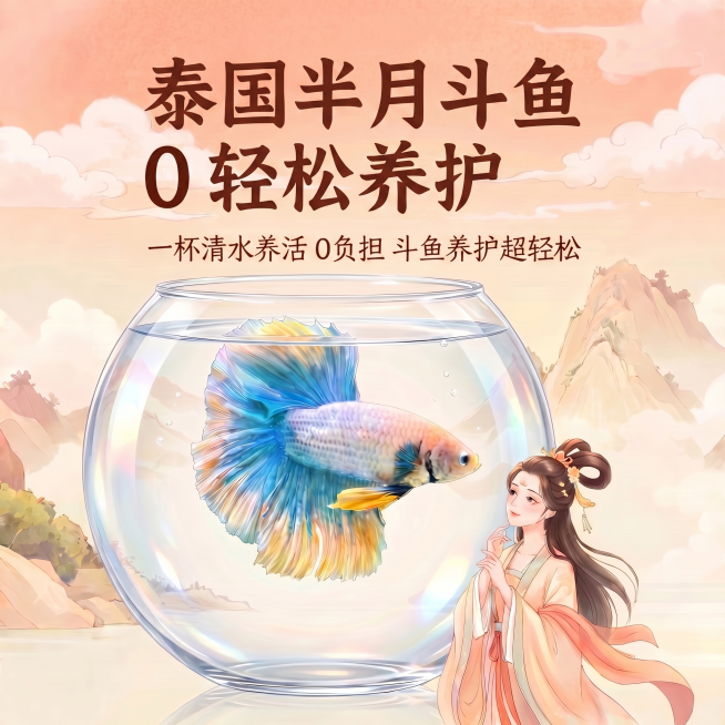[主图 9] 统一调整为同款圆形玻璃缸，增大主品占比，让鱼缸占画面60%-70%，修正文字适配泰国斗鱼半月；保持原有国风暖橘粉色调、古风意境和画面风格不变，调整文字内容为准确卖点，保持文字清晰、对比明预览效果