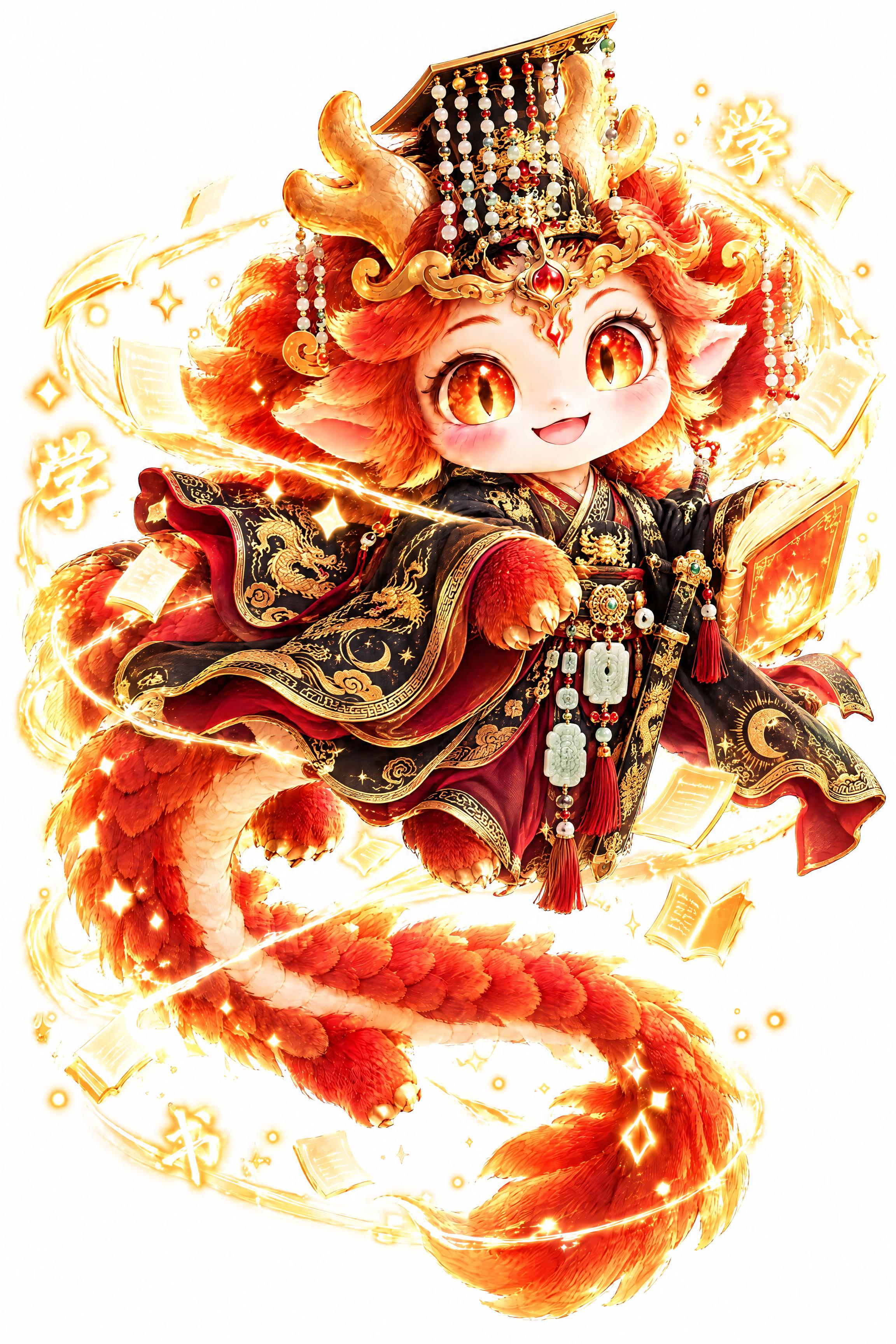 给这只飞翔的烛阴神兽穿上秦始皇时期的帝王服饰：黑色玄衣纁裳，绣… - 图片创意预览
