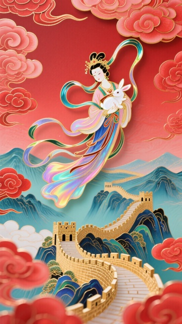 主体嫦娥仙子，身穿飘逸的汉服丝带，优雅地怀抱着发光的玉兔，悬浮在半空中。背景是蜿蜒的万里长城和连绵的壮丽山河，所有景象都笼罩在喜庆祥云的红色祥云背景中。预览效果