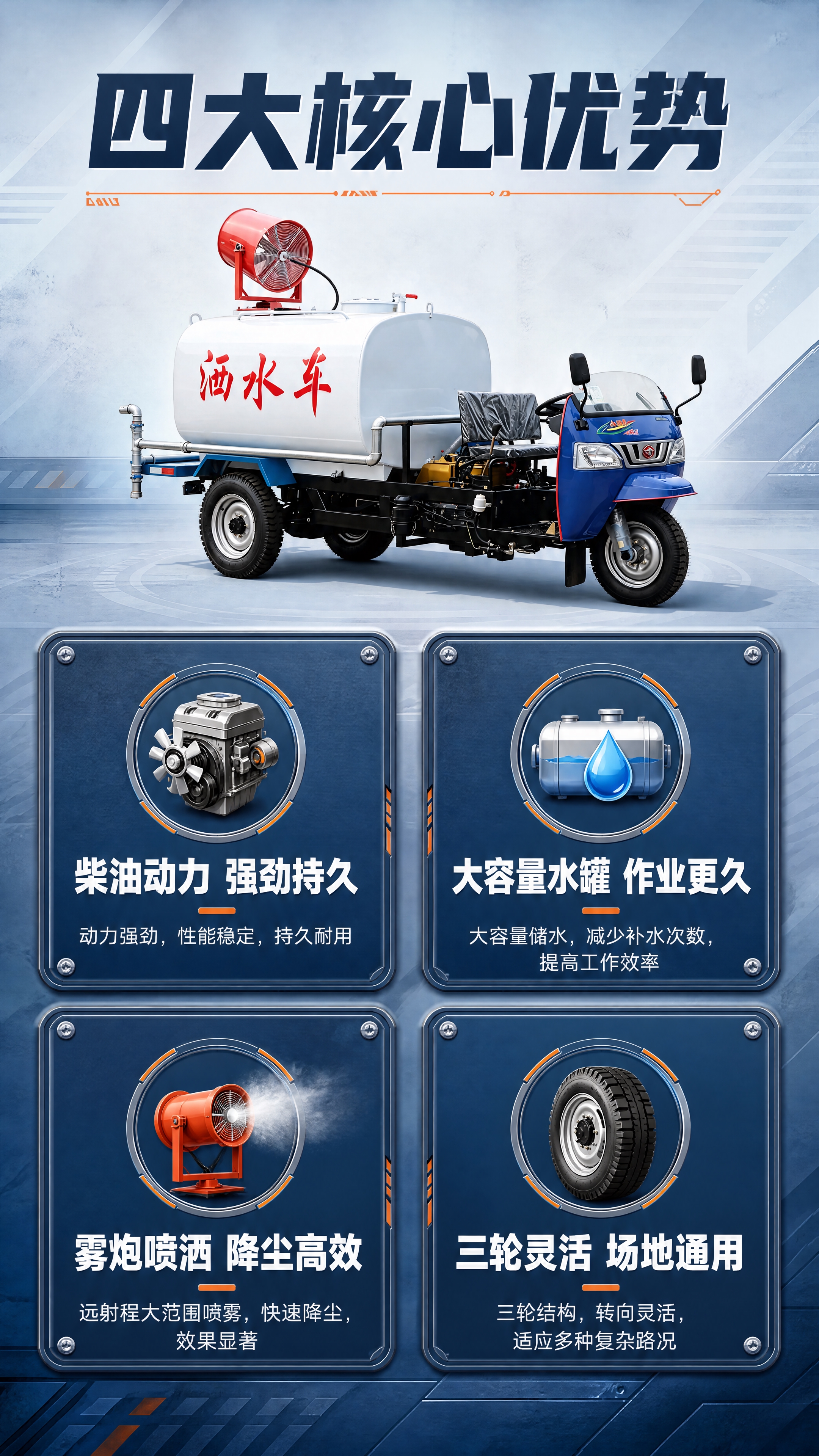 [商品] 使用【图1】柴油三轮洒水车；保留蓝色车头、白色水罐（… - 图片创意预览