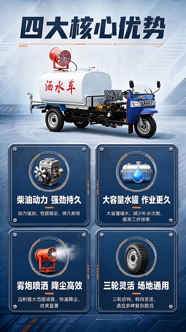 [商品] 使用【图1】柴油三轮洒水车；保留蓝色车头、白色水罐（红色"洒水车"字样）、红色雾炮机、银色喷洒管道、三轮结构、黑色轮胎、所有部件颜色和比例不变形、不改变颜色；产品缩小展示于画面上方中央。
[画面] 目标：核心卖点总览，4大卖点快速建立认知。构图：竖版9:16，上方25%为产品+主标题，下方75%为2x2四宫格卖点卡。产品占画面25%，位于顶部中央。四宫格每格一个卖点，配图标+短标题+说明。背景为浅蓝灰渐变，工业风纹理底。
[视觉] 套系策略：风格=专业工业风工程商业摄影；标题字=粗黑体厚重有力；正文字=简洁黑体；主色=工程蓝；背景延展=基于工程蓝做深浅层级、蓝灰渐变和工业金属质感；强调色=警示橙，仅用于小面积图标、引线和标签；标题色=深灰蓝；正文色=中灰；组件=圆角深蓝信息卡、橙色细线引线、工业风图标；光影=左前侧硬光，突出金属质感和体积感。
[文字] 顶部主标题"四大核心优势"（6字，深蓝粗体）。四宫格卖点：左上"柴油动力 强劲持久"配发动机图标，右上"大容量水罐 作业更久"配水罐图标，左下"雾炮喷洒 降尘高效"配雾炮图标，右下"三轮灵活 场地通用"配轮胎图标。每格标题下配1行小字说明。所有文字横排。
[规格] 图片比例9:16竖版，4K，负向提示：避免产品变形、颜色改变、缺件错件、文字竖排、文字过小、极限词、二维码、水印、淘宝Logo。