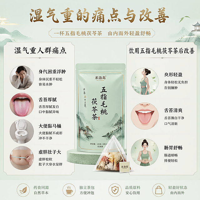 [主图-3] 左右分栏对比国风插画痛点改善主图
[氛围风格] 简约国风，清晰易懂，柔和低饱和
[画质] 8K高清，排版干净，无杂乱元素
[元素] 左右分栏对比版式，淡青绿色柔和底色，搭配简约水墨山水元素装饰，保持产品米洛岛独立茶包外观与输入一致，独立茶包放置在分栏中间位置，清晰展示。左侧清晰标注湿气重人群痛点：身体困重浮肿、舌苔厚腻、大便黏马桶、虚胖肚子大；右侧标注饮用五指毛桃茯苓茶后改善状态：身形轻盈、舌苔清爽、肠胃舒畅。整体排版清晰，无杂乱元素，烫金字体突出重点
[光影] 均匀柔和柔光，无强烈反差，视觉舒适
[配色] 淡青绿色底色，搭配烫金色文字，水墨浅灰装饰，低饱和配色干净
[视角构图] 居中对称构图，左右分栏清晰，主体茶包突出
[文字版式] 左右分栏，左侧痛点黑色粗体标题，黑色小字分点；右侧改善黑色粗体标题，黑色小字分点；中间产品居中，文字清晰可读，不遮挡主体
[比例分辨率] 1:1比例，4K分辨率；文字清晰可辨，超高清
[负向提示词] 变形，水印，文字错乱，产品图模糊，背景杂乱，文字重叠