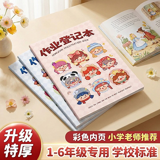 保留原笔记本和所有文字内容不变，仅更换背景，将背景改为温馨治愈的奶油风书桌场景，背景是浅奶咖色桌面，摆放一本翻开的童话书和几朵可爱的装饰小花，柔和的漫射自然光从侧面射入，营造温馨有亲和力的氛围感，吸引小学生妈妈，保持主体产品结构不变，保持原有文字和Logo内容不变