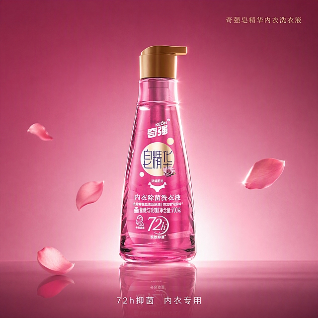 第2张 奇强皂精华内衣洗衣液（蔷薇玫瑰款）主图，极简高端风，深玫粉品质感。使用图1作为商品主体。
极简高端，深玫粉渐变，产品居中，高级光影。
洗衣液瓶立于画面中央占50%，外观与输入图完全一致。背景深玫粉到浅粉渐变，底部倒影。瓶身侧光勾勒轮廓，几片玫瑰花瓣漂浮周围，少量点缀。
侧逆光，产品立体，底部柔和倒影，高端商业摄影。
背景深玫粉渐变到浅粉，主色产品玫红白，辅助色金色高光。
右上角细字「奇强皂精华内衣洗衣液」金色；底部一行「72h抑菌 内衣专用」白色细体。文字少而精。无价格。
1:1方图，4K高清。
负向：变形，错字，模糊，杂乱，水印，价格。