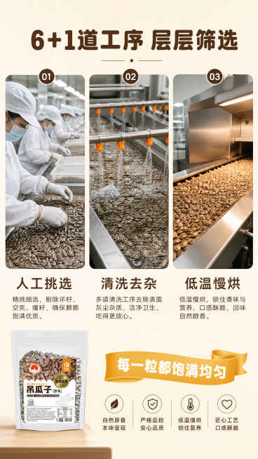 [第4屏] 制作工艺展示屏，展示吊瓜子筛选与制作工序。[氛围/风格] 专业严谨的食品加工展示风格，清晰易懂，突出干净卫生。[元素布局] 顶部大标题，中部三张纵向图依次展示：人工筛选、清洗去杂、慢烘入味预览效果