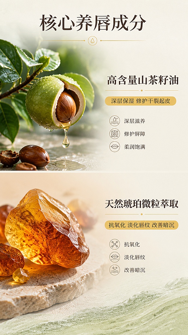 [第4屏] 核心成分解析板块，放大展示两大核心养唇原料山茶籽油和琥珀微粒。
[氛围/风格] 科研质感，成分可视化展示，自然真实，高端专业。
[元素布局] 上下分栏：上半部分左侧放置放大的古树山茶原料实拍，右侧文案说明；下半部分左侧放置天然琥珀原石特写，右侧文案说明，两个成分区块各占约40%画面，主成分图像占比超过30%，页面底部添加浅茶绿砂石底纹。
[光影质感] 柔和均匀布光，原料纹理清晰通透，光泽自然。
[配色色系] 背景浅米砂石色，主色茶绿和琥珀金，文字深棕，重点功效暖琥珀黄标注。
[视角构图] 上下分屏对比构图，信息层级分明。
[文字版式] 顶部主标题「核心养唇成分」，山茶籽油区块标题「高含量山茶籽油」描述「深层保湿 修护干裂起皮」；琥珀区块标题「天然琥珀微粒萃取」描述「抗氧化 淡化唇纹 改善暗沉」，标题加粗，文字清晰可读，主成分图像占比突出。
[比例分辨率] 9:16竖版比例，宽度1080像素，高度1920像素，分辨率4K，高清画质。
[负向提示词] 成分图像过小，文字错乱，文字模糊，构图拥挤，颜色偏差