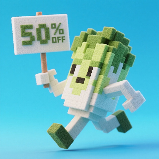 一个拟人的白菜奔跑中，举着“50%OFF“的牌子，蓝色背景