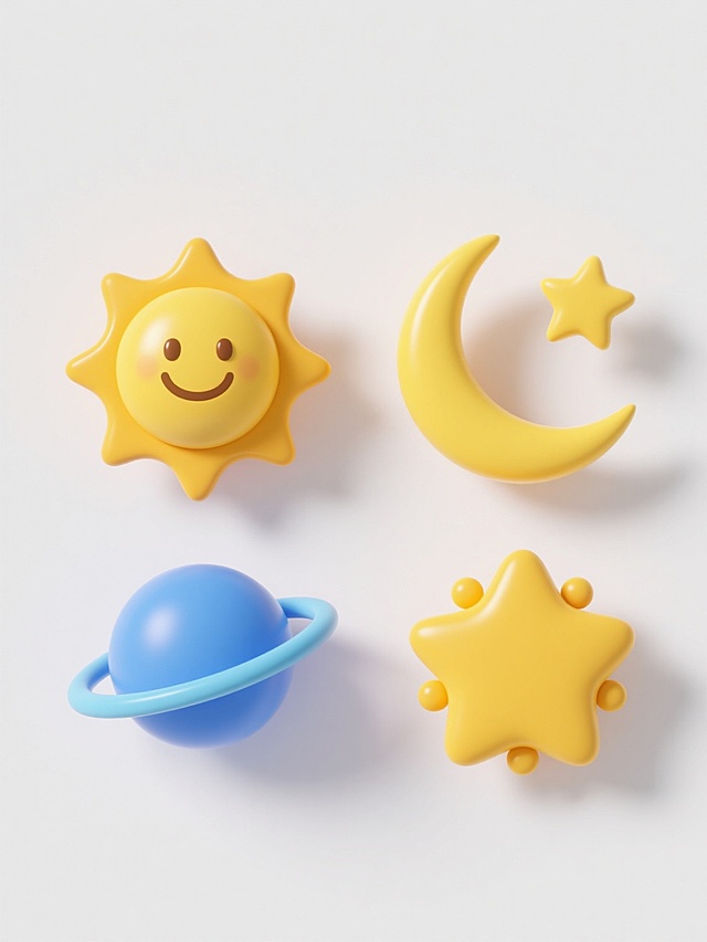 一组四个不同天体元素的立体图标，保持与黄色星星相同的光滑圆润3D风格，纯色白色背景，每个元素都有明亮的高光和自然的阴影，元素包括：一个微笑的黄色太阳、一个弯月形状的黄色月亮、一个带有光环的蓝色行星和一个由多个小圆圈组成的黄色星群，四个元素规整排布，形成统一的系列素材集合。