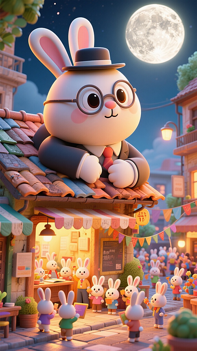 3D卡通风格，拟人兔子在屋顶阅读，梦幻超现实夜景，满月映衬，可爱温馨。