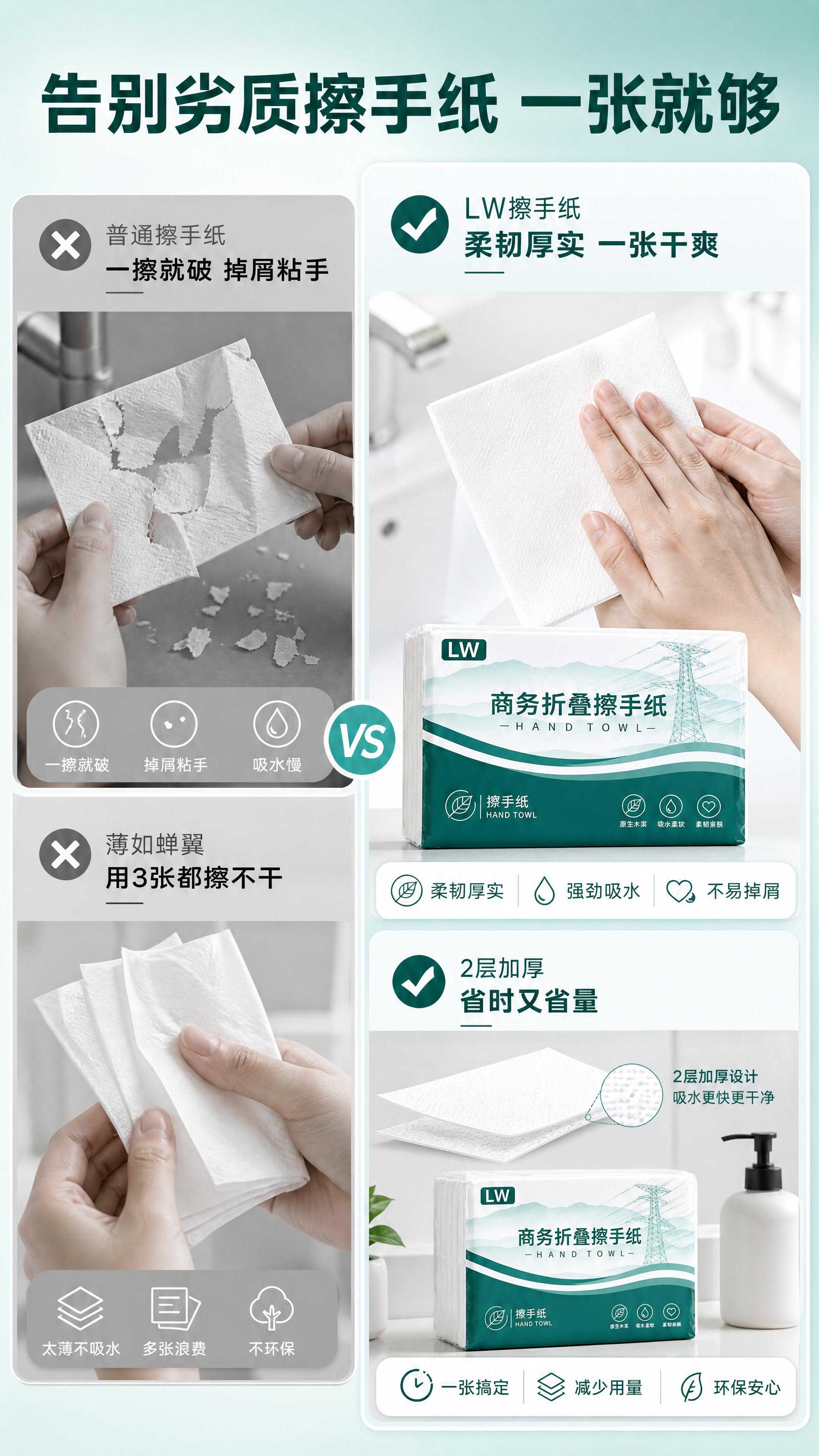 [详情页-2 痛点与解决] 目标：展示传统擦手纸的痛点与本品的… - 图片创意预览