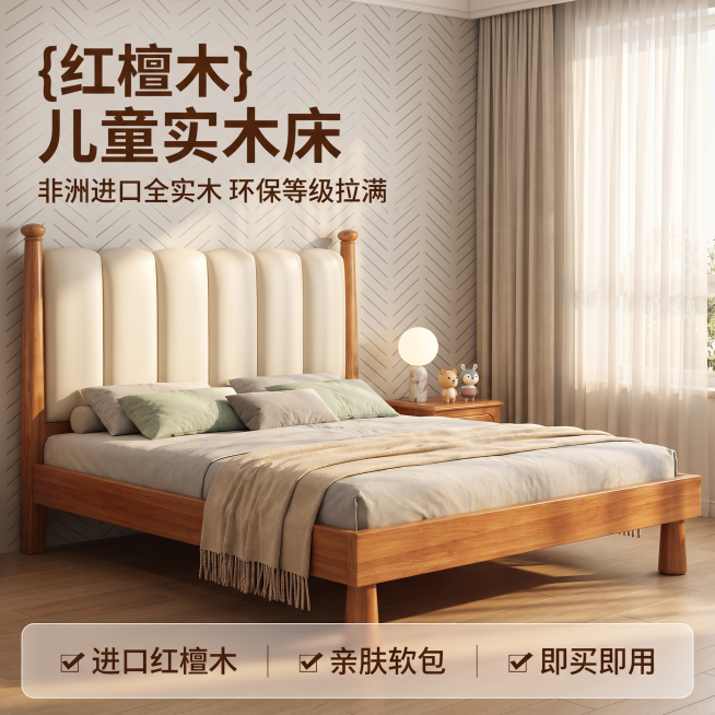 [主图 1] 儿童实木单床空间场景展示首图。[氛围风格] 原木北欧风温馨童趣儿童房，清新自然居家生活感。[画质] 商业摄影质感、光线柔和通透、产品清晰真实、画面干净高级。[元素] 儿童实木单床居中放置预览效果