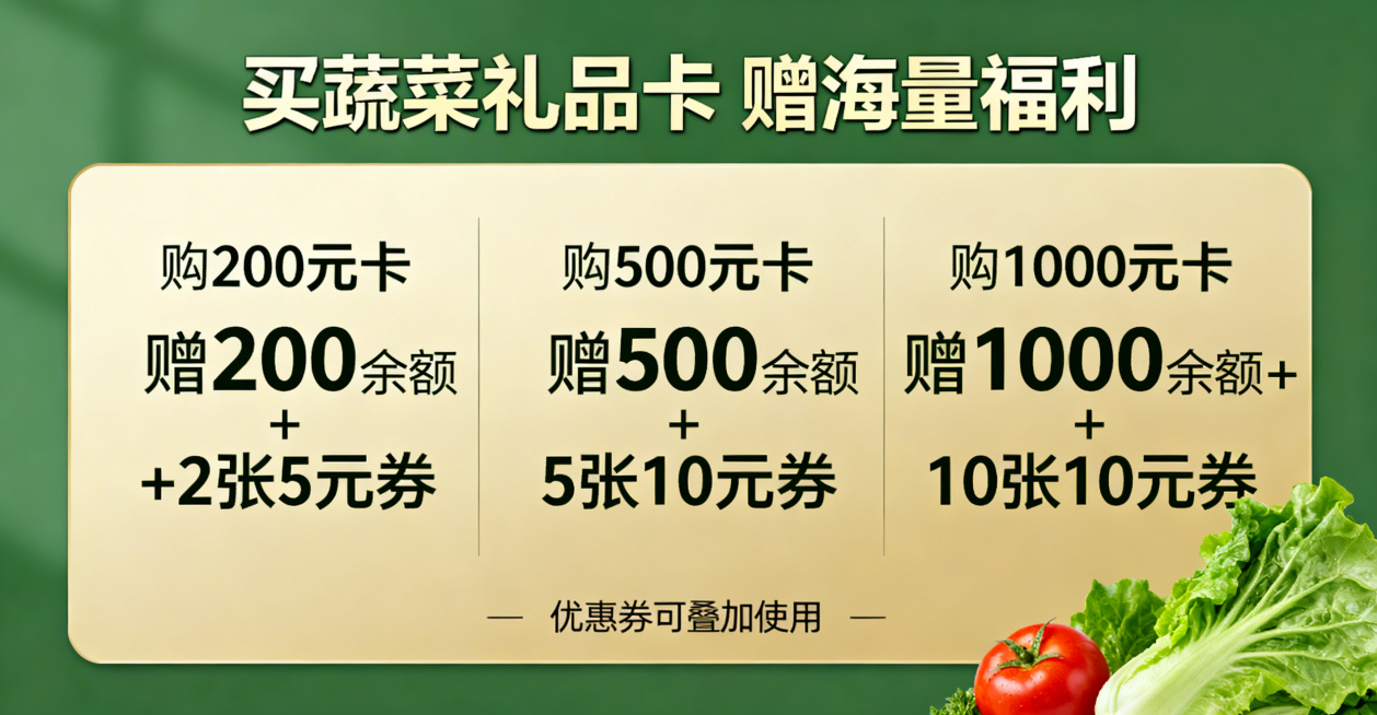 线上商城蔬菜礼品卡促销活动轮播banner，大标题加粗醒目写"买蔬菜礼品卡 赠海量福利"，分三栏整齐排版活动福利：购200元卡赠200余额+2张5元券；购500元卡赠500余额+5张10元券；购100预览效果