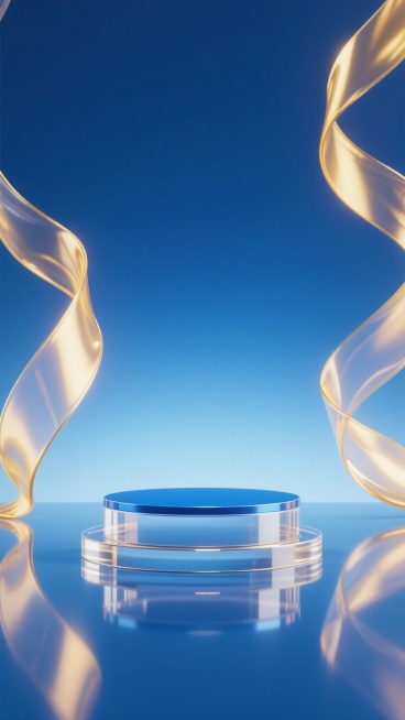 画面中央是一个双层圆形展台，下层为透明圆形底座，上层是蓝色圆形台面，展台表面光滑有光泽，底部有清晰的倒影。背景是由深蓝色到浅蓝色渐变的蓝色背景，占据大面积画面形成留白效果。画面中左右两侧有金色的飘逸丝带，丝带呈现出流畅的曲线形态，具有透明的质感和高光反射，整体营造出科技感与高端氛围，光影柔和，色彩和谐统一。预览效果