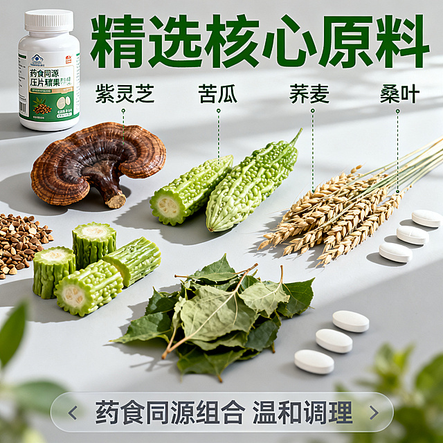 [主图 2] 产品核心成分展示图，展示药食同源优质原料。
[氛围风格] 商务风，专业自然，真实可信
[画质] 商业摄影质感，光线柔和通透，产品清晰真实，画面干净高级
[元素] 根据参考图创作灵芝苦瓜荞麦桑叶压片糖果，产品瓶身放置在画面左上区域，瓶身标签内容和颜色风格参考原图设计。右下区域摆放真实完整的紫灵芝、新鲜苦瓜段、饱满荞麦穗、新鲜桑叶四种原料，整齐排列，每种原料清晰展示纹理特征。散落摆放几颗白色椭圆形压片糖果在原料旁，形状参考原图。画面干净协调，商品主体占比约70%，满屏无边框
[光影] 自然柔和侧逆光，突出原料纹理质感，整体光影均匀通透，高光不溢出，暗部有层次
[配色] 主色调为原料自然的绿色棕色，搭配浅灰背景，清新专业
[视角构图] 略微俯视，景深适中，前景产品后景原料分层清晰
[文字版式] 顶部安全边距左对齐，主标题“精选核心原料”绿色粗体最大字；下方四个原料分别用细引线标注名称：「紫灵芝」「苦瓜」「荞麦」「桑叶」，引线纤细，文字小巧清晰，不遮挡原料。底部半透明浅灰悬浮条两端留空，标注“药食同源组合 温和调理”深灰色文字
[比例分辨率] 1:1比例，2k分辨率，文字清晰可辨，超高清
[负向提示词] 变形，水印，文字错乱，产品模糊，背景杂乱，绝对化违禁词，虚假宣传，违规内容，涉及疾病治疗功效宣传