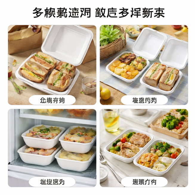 [主图-4] 一次性食品打包盒多场景适用展示图。
[氛围风格] 生活化场景，真实自然，代入感强。
[画质] 商业摄影质感，光线柔和通透，产品清晰真实，画面干净高级。
[元素] 四宫格展示一次性打包盒在预览效果