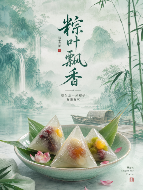 竖版端午节主题海报，新中式国潮青绿山水风格，主色调为薄荷绿+米白，整体清新雅致，8K超写实质感。
主体画面：
- 背景：卷轴形式的青绿山水插画，搭配古风亭台、竹林、小桥流水、轻舟元素，云雾缭绕，仙气十预览效果
