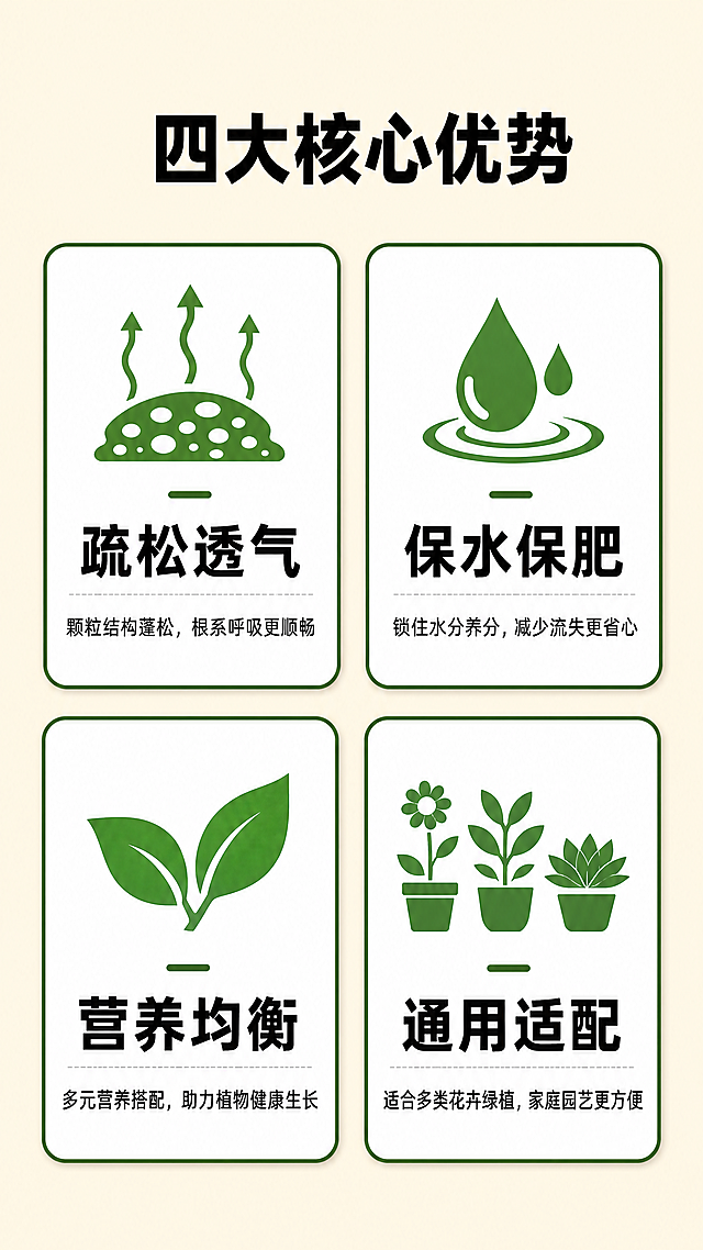 [第3屏] 核心卖点四宫格展示屏，展示园艺营养土四大核心优势。本屏使用【图1】产品信息生成卖点内容。
[氛围/风格] 清晰规整卡片式布局，高辨识度，拼多多接地气风格，色彩明快。
[元素布局] 顶部主标题区域，下方2x2四宫格排列四个卖点卡片，每个卡片展示一个核心卖点，卡片内配对应小图标和简短文字说明，整体干净利落，信息层级分明。每个卡片占画面四分之一，保持间距均匀，不拥挤。
[光影质感] 整体光照均匀明亮，卡片有浅阴影增加层次感，每个卖点图标清晰突出，文字锐利不模糊。
[配色色系] 全局底色#F8F4E9（浅暖米）；卡片底色白色，边框用深棕绿色区分，图标用品牌绿，文字黑色清晰。
[视角构图] 完整正面对齐版式，四宫格整齐分布，上下间距一致，符合9:16竖版移动端阅读。
[文字版式] 顶部主标题"四大核心优势"加粗黑色字体，居中排列。四宫格卖点从上到下从左到右依次为：第一格"疏松透气"配透气图标，第二格"保水保肥"配水滴图标，第三格"营养均衡"配绿叶图标，第四格"通用适配"配多种植物图标。每个卖点标题加粗，下方1行小字补充说明，文字大小适中，手机端清晰可读。
[比例分辨率] 9:16竖版比例，4K分辨率，所有文字清晰不重叠。
[负向提示词] 卡片排列歪斜，文字重叠，图标模糊，颜色脏旧，水印，文字错乱