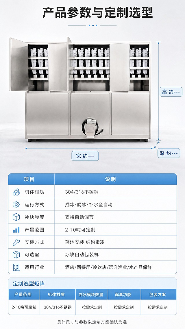 [商品] 使用【图1】雪源方冰机实物图正视全貌，做尺寸引线标注与参数对照；保持机身结构、比例、开门状态与不锈钢颜色不变；不新增未验证参数，不虚构铭牌。
[画面] 目标：参数与定制选型收口，便于下单确认。版式为上下构图：上部为产品正视全貌加大留白，配三条冰蓝细线尺寸引线（宽/高/深）与浅色圆角标签；下部为浅色参数表与定制矩阵，表格式排布、行距清晰；背景为纯净浅冷灰白渐变与浅灰地面，形成产品—引线—表格三层信息层级。
[视觉] 套系策略：风格=浅色系商用工业商业摄影；标题字=现代无衬线粗体；正文字=简洁无衬线常规体；主色=浅冷灰白；背景延展=基于浅冷灰白做深浅明暗层级、磨砂金属与亚光纸质质感、浅灰渐晕；强调色=冰蓝，仅用于引线、表头、小图标与标签；标题色=深墨黑灰；正文色=中冷灰；组件=细线参数表、细线引线、浅色数据标签；光影=右前侧冷白柔光加金属高光条。
[文字] 所有文字仅横向排版：主标题“产品参数与定制选型”；表头“项目 / 说明”；表内行“机体材质 304/316不锈钢”“运行方式 成冰·脱冰·补水全自动”“冰块厚度 支持自动调节”“产量范围 2-10吨可定制”“安装方式 落地安装 结构紧凑”“可选配 冰块自动包装机”“适用行业 酒店/西餐厅/冷饮店/远洋渔业/水产品保鲜”；尺寸引线标注“宽 约--- / 高 约--- / 深 约---”；底部小字“具体尺寸与参数以定制方案确认为准”。
[规格] 图片比例9:16竖版，4K，避免变形、错字、文字过小、竖排或旋转文字、虚构精确参数、极限化用语、平台Logo与水印。