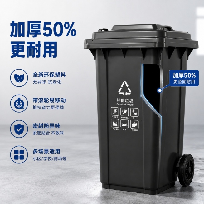 [主图-2] 垃圾桶核心材质卖点展示
[氛围风格] 干净简约品质感，突出加厚耐用特性
[画质] 商业摄影质感、光线柔和通透、产品清晰真实、画面干净高级
[元素] 单个黑色垃圾桶主体居中展示，局部剖开展预览效果
