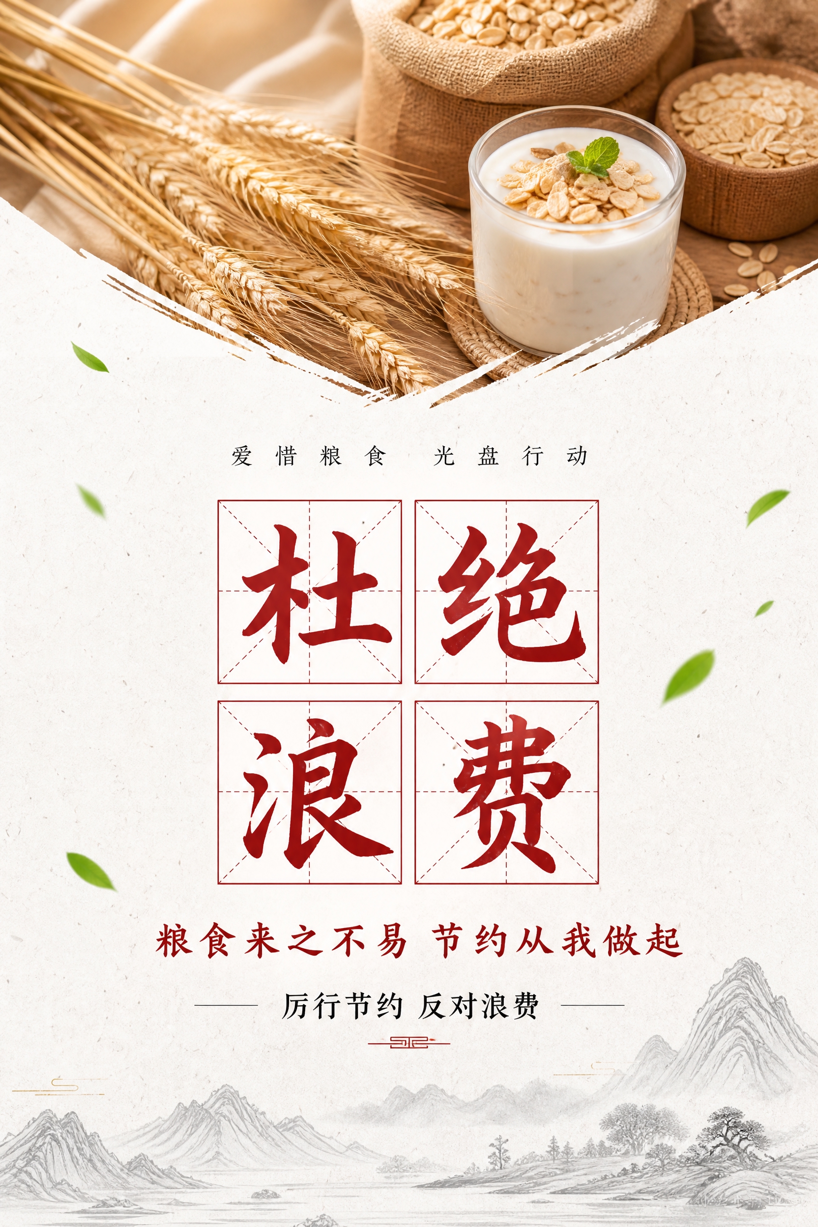食堂文明海报设计，竖版3:2比例，新中式简约风格。顶部斜切展示… - 图片创意预览