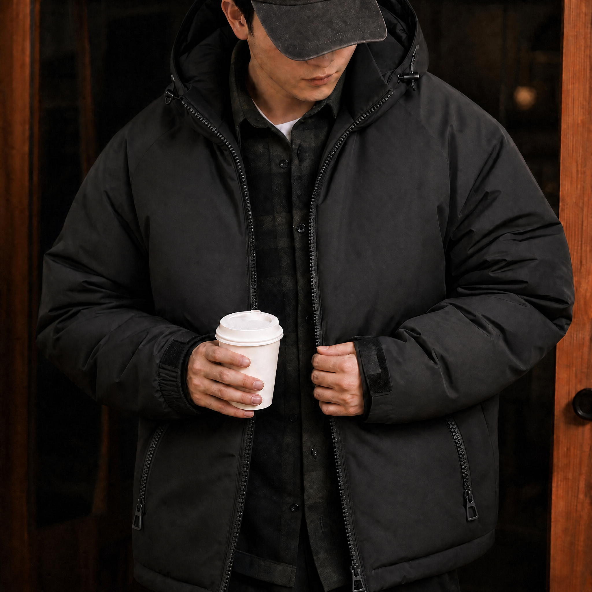 将这张图片中羽绒服的颜色稍微调浅一点，从深黑色调整为稍浅的黑色… - 图片创意预览