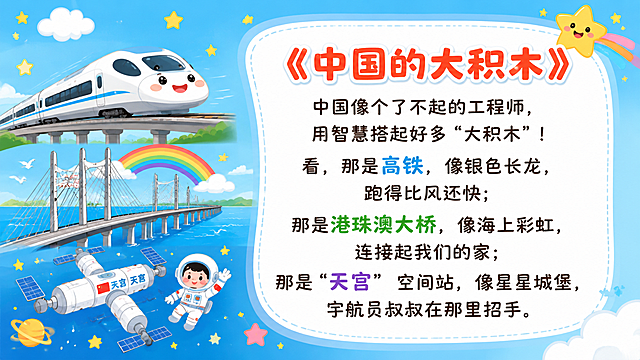 幼儿园朗诵课PPT第一页，童真有趣的卡通风格，明亮温暖的色彩，画面左侧有可爱的卡通高铁、港珠澳大桥、天宫空间站的简笔画插图，右侧是诗歌文字，标题为《中国的大积木》，正文内容："中国像个了不起的工程师，用智慧搭起好多"大积木"！看，那是高铁，像银色长龙，跑得比风还快；那是港珠澳大桥，像海上彩虹，连接起我们的家；那是"天宫"空间站，像星星城堡，宇航员叔叔在那里招手。"，文字大而清晰，适合幼儿园大班孩子阅读，背景是柔和的天蓝色渐变，有白云和小星星装饰，整体画面活泼可爱，充满童趣，横版PPT比例