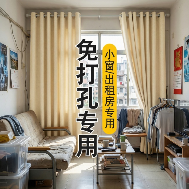 保留这款米白色免打孔窗帘的面料材质，将场景切换为拥挤型出租屋客厅，摆放紧凑的廉价家具，物品略显杂乱，调整窗帘展示角度，保留“免打孔专用 小窗/出租房专用”文字，风格贴合真实平价出租屋氛围预览效果