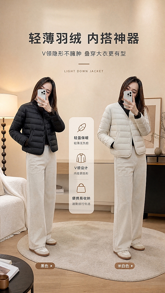 [商品] 使用【图1】黑色短款V领轻薄羽绒服 + 【图8】米白色同款羽绒服；商品处理：保留V领、按扣门襟、插袋、短款衣长、长袖、横绗缝结构、两色真实颜色和轻薄羽绒面料；自然去除衣身杂乱褶皱，理顺垂坠，增强面料纹理、缝线、按扣和口袋质感，不改变版型和结构。
[画面] 目标：风格头图，多色同框展示轻薄短款V领羽绒服的通勤百搭气质；构图：左黑右米白双模特对向站位，中间留白放标题，产品占画面约70%；景别：全身至小腿；场景：暖调简约室内客厅，米色墙面、落地灯、软装点缀，前中后景有层次；阅读动线：从上到下，先标题后双款对比。
[视觉] 套系策略：风格=韩系简约通勤高级商业摄影；标题字=现代无衬线粗体（字重偏粗，带轻微字距）；正文字=简洁无衬线体；主色=暖米杏；背景延展=基于暖米杏做深浅层级、同色渐变和细腻墙面/织物质感；强调色=焦糖棕，仅用于小面积图标、引线和标签；标题色=深炭灰；正文色=中暖灰；组件=圆角浅底信息卡、细线引线、轻英文装饰；光影=左前侧暖柔光，柔和自然阴影。
[文字] 中上居中主标题「轻薄羽绒 内搭神器」，副标题「V领隐形不臃肿 叠穿大衣更有型」，下方小字英文装饰「LIGHT DOWN JACKET」；文字不遮挡模特脸部和服装主体；所有文字横排。
[规格] 单屏比例9:16竖版，分辨率4K，quality=medium；避免变形、错字、文字过小、冷蓝/蓝灰背景、衣服颜色改变、版型失真、极限词。