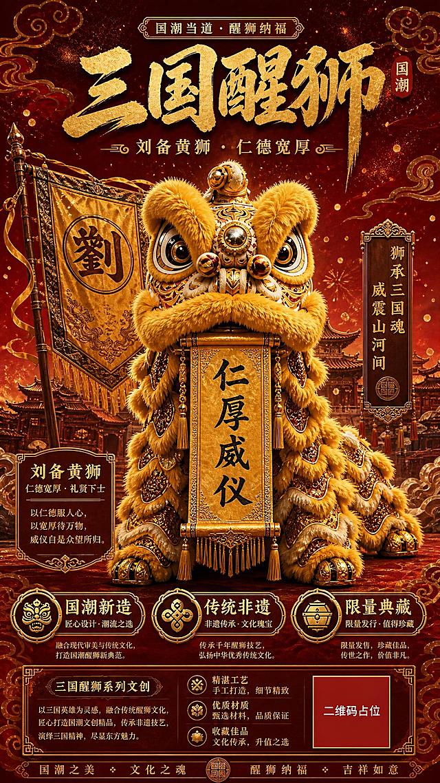 国潮醒狮海报，画面主体是一只刘备黄狮，金黄色狮身，传统南狮造型，绒毛蓬松质感，狮头装饰精美华丽，有金色纹饰和珠宝点缀。醒狮口中衔着金色卷轴，上书"仁厚威仪"四个大字。醒狮身后立着一面战旗，旗上有"劉"字。背景为深红色渐变，有金色祥云纹样、古建筑剪影和金色光点，营造庄重热烈的节庆氛围。画面顶部是书法字体大标题"三国醒狮"，下方副标题"刘备黄狮 · 仁德宽厚"。画面底部有"国潮新造""传统非遗""限量典藏"三个装饰标签。整体风格为国潮插画风格，传统喜庆，主色调为金黄色+朱砂红+黑色，版式精美，层次分明，高级质感。画面中所有信息区域必须填充完整合理的内容，不得出现空白框或待填写区域。画面中所有二维码区域使用纯色方块占位符呈现，方块中央标注"二维码占位"文字，严禁生成任何可识别的二维码图案。