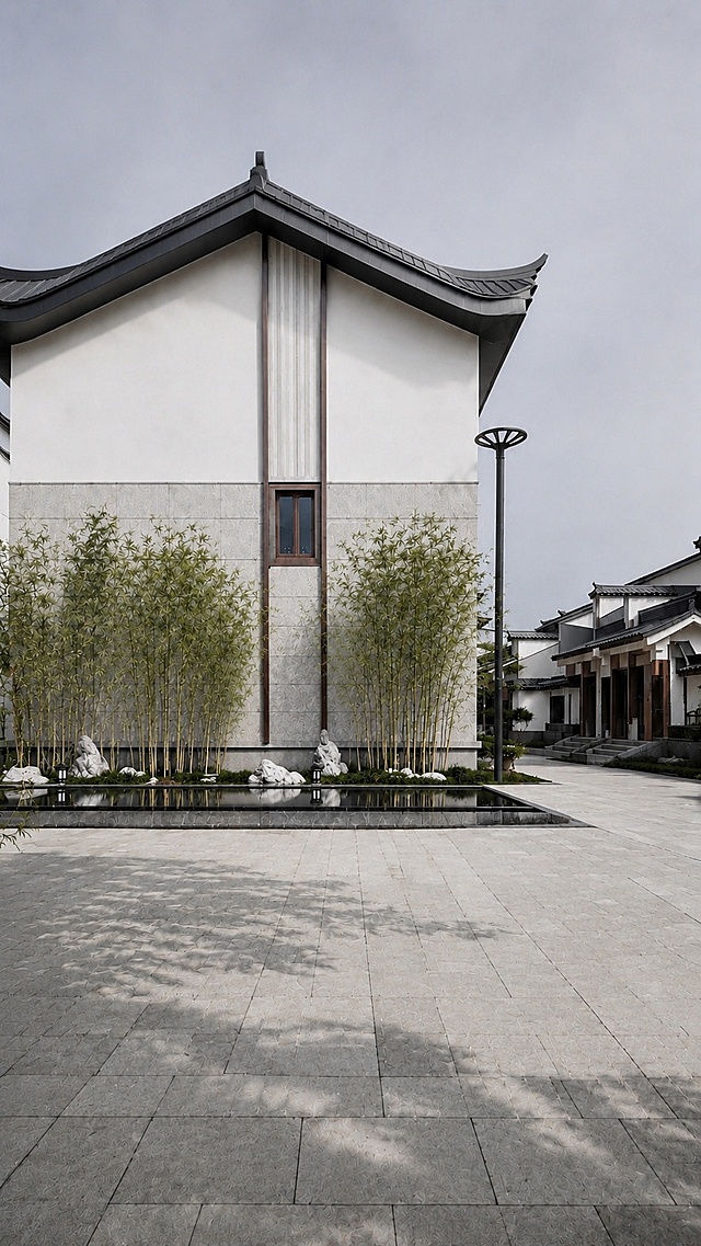 按新宋式风格重新刻画建筑檐口，增强金属质感；精细刻画水池边缘，保证和地面衔接准确真实自然；重新刻画墙面材质，做出白色外墙漆真实自然的质感，保留现有竹子和景观不修改。