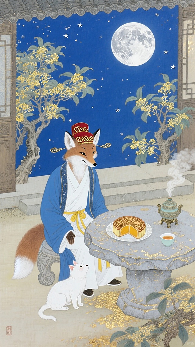 工笔风绘月下狐仙品茗赏月，拟人化形象融中式古典与梦幻意境，静谧优雅中透出文艺唯美感，桂香袅袅，共度中秋佳节。