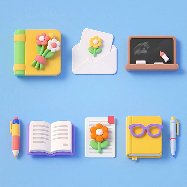 6个物品组合。第一个书本和一束花；第二个贺卡和花；第三个黑板和粉笔；第四个笔和展开的书本；第五个试卷和花；第六个眼镜、书本和钢笔。浅蓝色背景，上下两行，排列整齐