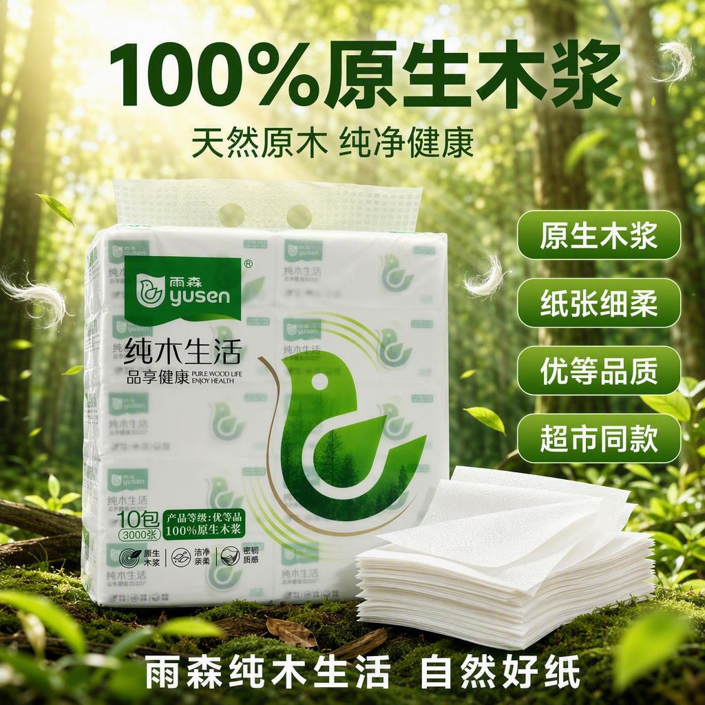 [主图-2] 雨森纯木生活抽纸100%原生木浆卖点图，突出原生… - 图片创意预览